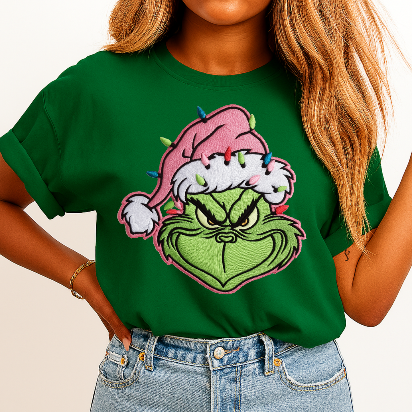 Faux Embroidered Grumpy Green Lights DTF Transfer